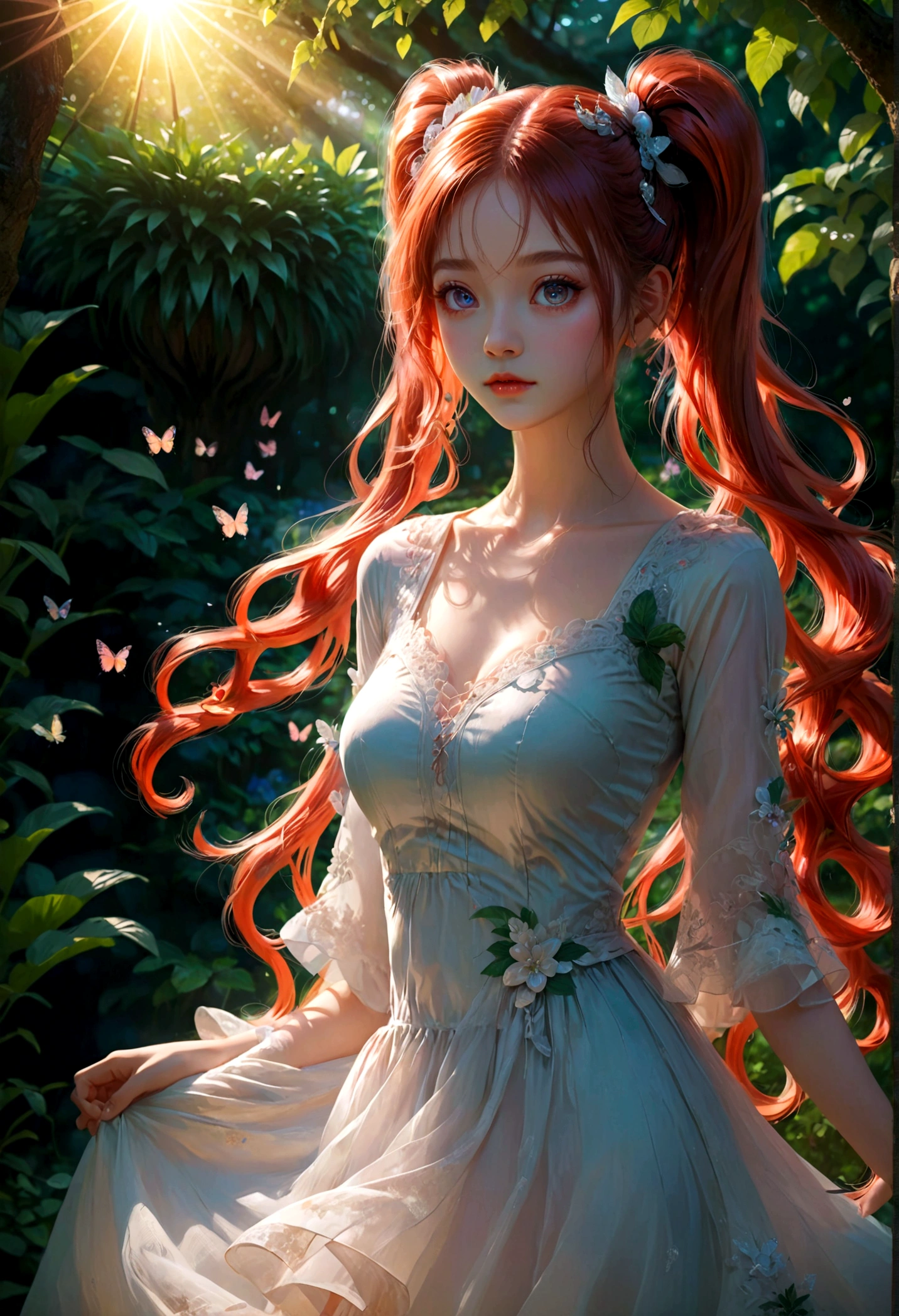 1girl, Twin Tails, A beautiful young girl with twin tails hairstyle, extremely detailed eyes and face, longeyes, flowing hair, intricate dress, delicate features, serene expression, standing in a lush garden, sunlight filtering through the trees, vibrant colors, warm lighting, (4k,8k,highres:1.2), ultra-detailed, portrait, fantasy, masterpiece, best quality, very aesthetic, absurdres