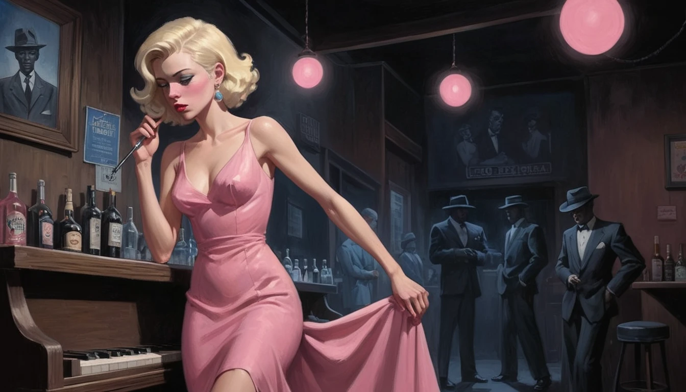 robert johnson, gritty, alabama bar, blue note, charismatic, pink dress, illustration, noir fantasy, lone blonde lady, sad ending, saxophonist