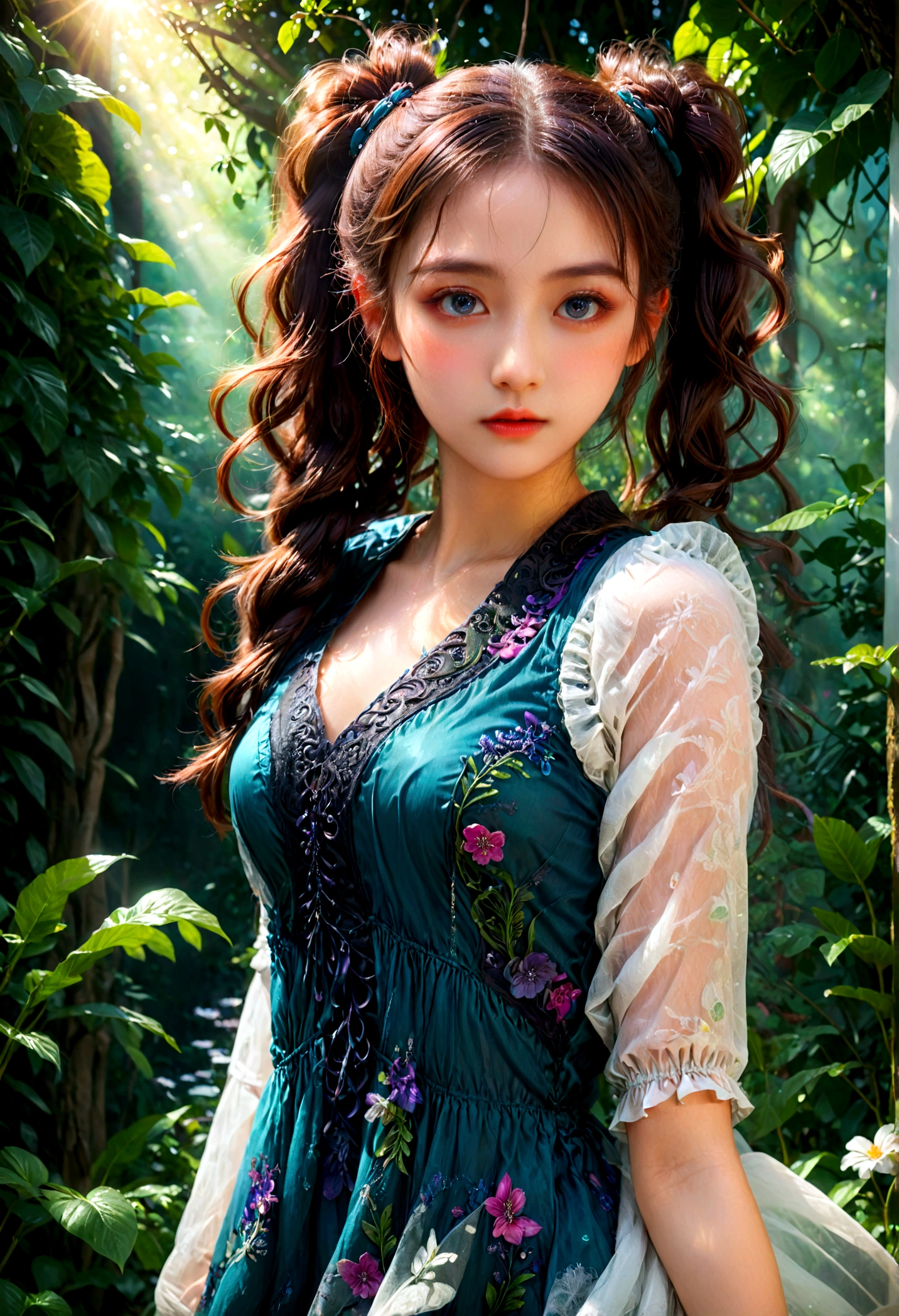 1girl, Twin Tails, A beautiful young girl with twin tails hairstyle, extremely detailed eyes and face, longeyes, flowing hair, intricate dress, delicate features, serene expression, standing in a lush garden, sunlight filtering through the trees, vibrant colors, warm lighting, (4k,8k,highres:1.2), ultra-detailed, portrait, fantasy, masterpiece, best quality, very aesthetic, absurdres