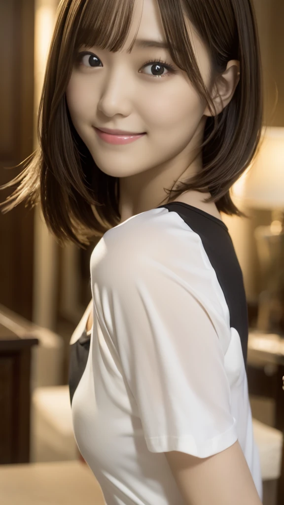 Highest quality、Precise beauty、Beautiful long hair woman、The most beautiful woman in the world、Beautiful and sharp face、21 years old、Smooth super short hair that looks blonde、Highly detailed face、Cute Smile、Beautiful and detailed、Ah, my face is small.、Ample breasts、T-Shirts、necklace、Semi-backlit、High resolution、8k wallpaper、Hair brushing gesture, very detailed、masterpiece、Very bright photo、One woman