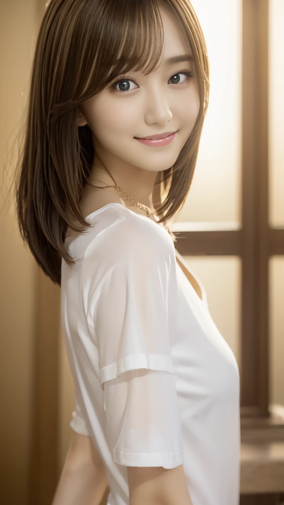 Highest quality、Precise beauty、Beautiful long hair woman、The most beautiful woman in the world、Beautiful and sharp face、21 years old、Smooth super short hair that looks blonde、Highly detailed face、Cute Smile、Beautiful and detailed、Ah, my face is small.、Ample breasts、T-Shirts、necklace、Semi-backlit、High resolution、8k wallpaper、Hair brushing gesture, very detailed、masterpiece、Very bright photo、One woman