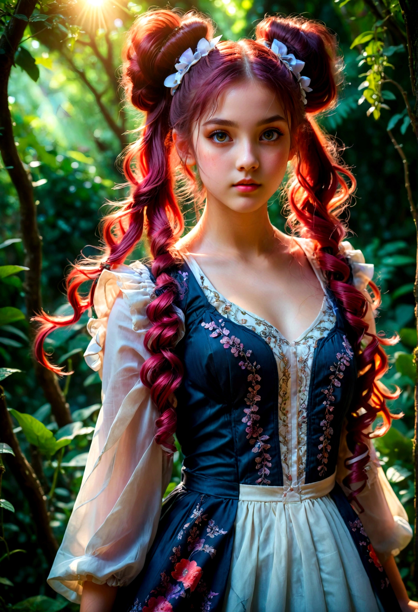 1girl, Twin Tails, A beautiful young girl with twin tails hairstyle, extremely detailed eyes and face, longeyes, flowing hair, intricate dress, delicate features, serene expression, standing in a lush garden, sunlight filtering through the trees, vibrant colors, warm lighting, (4k,8k,highres:1.2), ultra-detailed, portrait, fantasy, masterpiece, best quality, very aesthetic, absurdres