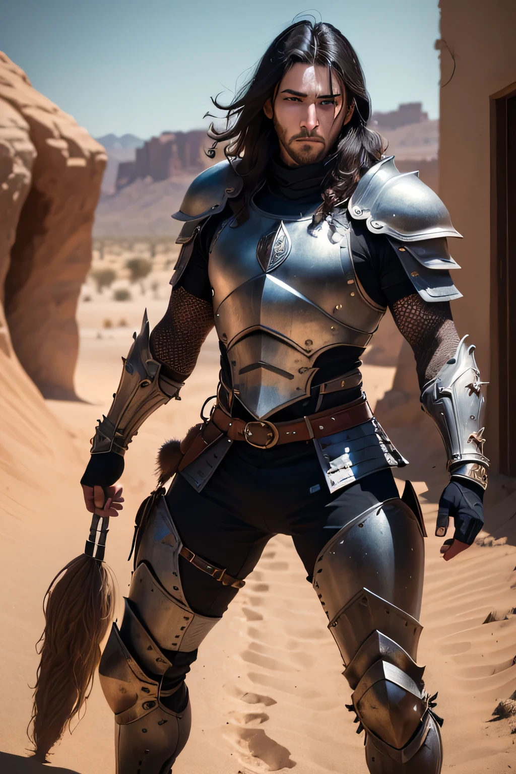 ((best quality)), ((masterpiece)), (detailed), Prize-winning works, with incredible details, maximum textures and details, mantea ,1 An adventurous warrior man in dark black light armor,(30 year old murderer:1.1,detailedeyes, face detailed, whole body:1.1,the background is a desert ),(best qualityer:1.2,ultra detali:1.1,realisitic:1.37),stone medieval ancient city ,eyeshadows,hidden identity,sharp focus,swirly vibrant colors,moonlights), (twilight), (natta), 8K