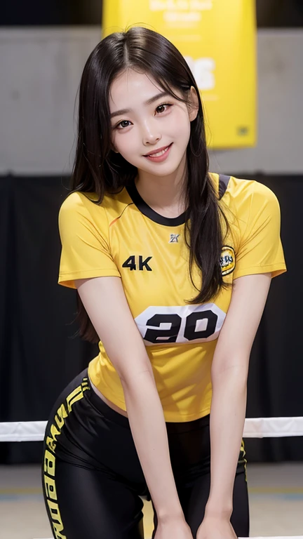 (Best Quality, 4K, Masterpiece: 1.3), Pretty Korean Woman, 1girl, Sexy: 1.1, Long Dark Brown Hair: 1.1, Woman in Tight Volleyball Suit, Yellow Volleyball Girl Tight Jersey, Ultra-detailed Face, Detailed Lips, Delicate Eyes, Double Eyelids, ((Black Short Pants)), Big Breast, (W cup), Woman Age 20, In Volleyball Field, Clothes Girl Tight, Breast Girl Stand Out, Girl Smiling, Breast Girl Looming Out