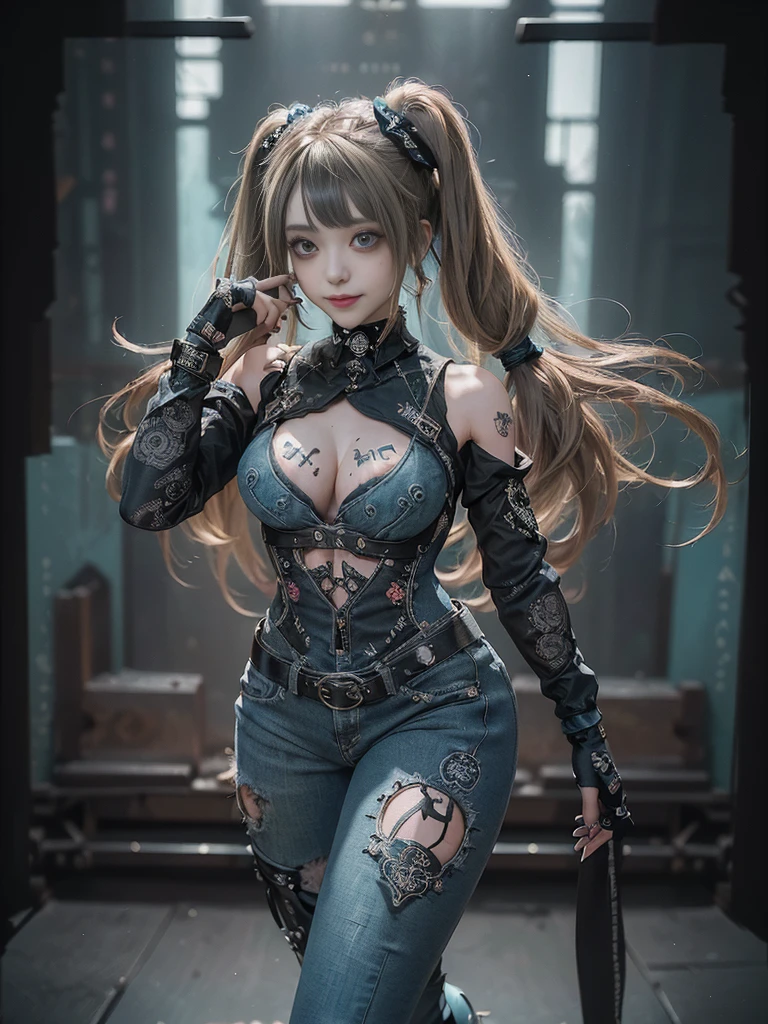 (Full Body View:1.4)、(Full body:1.3)、(Smiling with teeth showing:1.4),(Shibuya Gal:1.5)、(Gothic ta style fashion:1.5)、(Punk RockVisual Kei:1.5)、(Wearing a rhythmic gymnastics bodysuit with intricate details:1.4)、(Racing suit and pants with intricate turquoise, denim and charcoal decorations:1.5)、(Denim and light blue and turquoise boots:1.3)、((belt))、(Numerous delicate logo marks all over the costume:1.4)、(collar:1.3)、(Polka dot underwear:1.5)、20-year-old、NSFW、((Highest quality、In 8K、masterpiece:1.3))、Sharp focus:1.2、(Layered Cut、Huge boobs:1.1),Beautiful woman with perfect figure:1.4、(do a gravure pose:1.3)、Slender Abs:1.2、Highly detailed face and skin texture、Detailed eyes、double eyelid,(Twin tails:1.3)、(Brown-golden hair:1.3)、Gravure idol、(The background is the stage of the fashion show:1.3)、(Slim body:1.3),(Make your legs thinner:1.4),（clavicle:1.1）