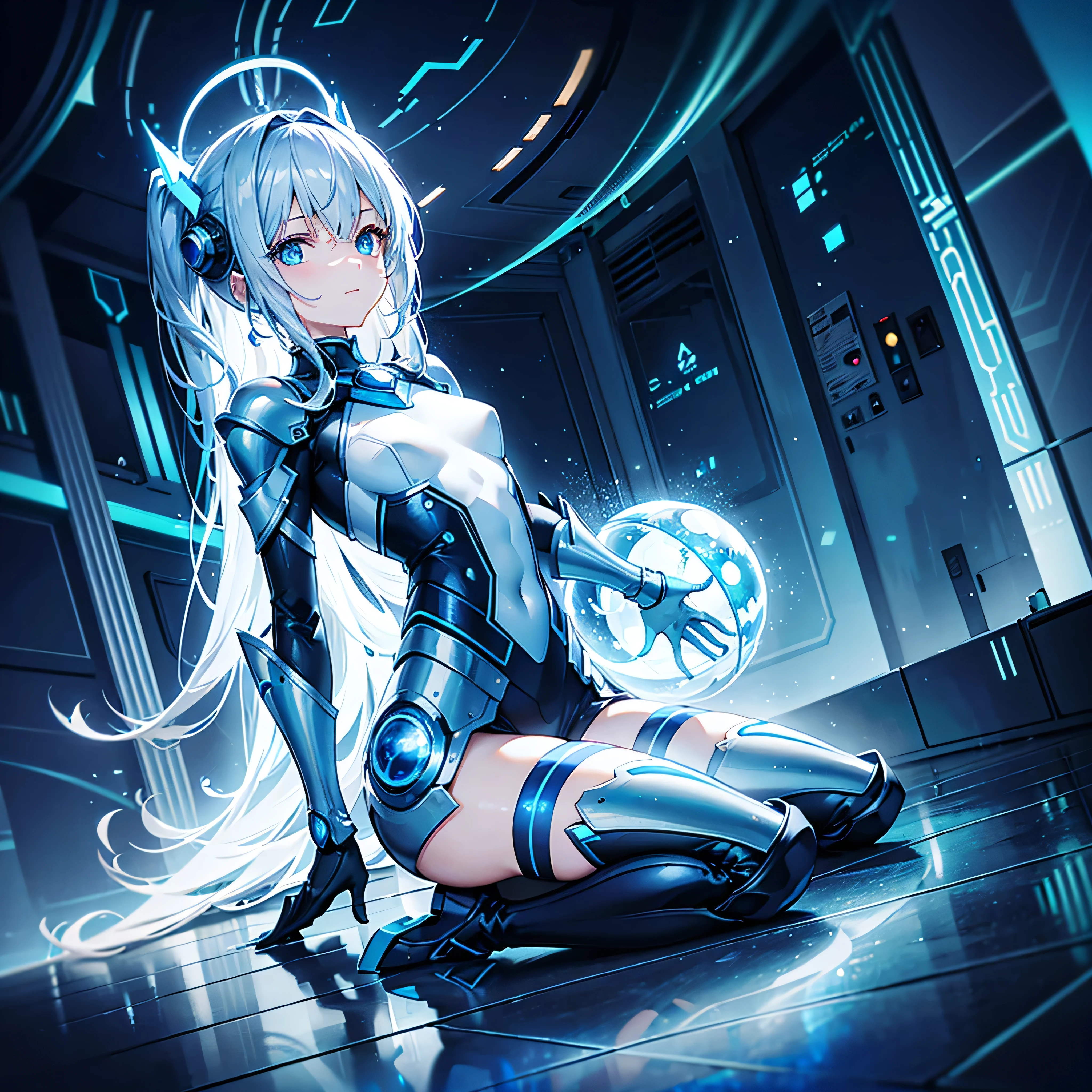 8K, Highest quality, (real:1.4), Original photo, 1 girl, Asari Hair, Biological Amplifier, Very sleek and futuristic armor, posture: Peace talks between warring factions,,attention arousal, smart blue eyes,A modest smile,Knee-high boots,Patent-look blue tights,Blue big moon and blue light swirl in the background,Blue light from behind,blue light magic,A small, glowing blue ball in the palm of your hand,Blue flame swirl,Blue Comet,Polished floor,