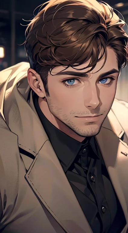 (best quality,4k,8k,highres,masterpiece:1.2),ultra-detailed,(realistic,photorealistic,photo-realistic:1.37),1 man,31 years old,mature man,very handsome,without expression,smile,short grey brown hair,blue eyes,penetrating gaze,perfect face without errors,imposing posture,businessman,office background,cinematic lighting,hdr image