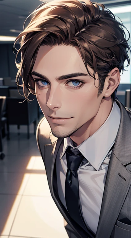 (best quality,4k,8k,highres,masterpiece:1.2),ultra-detailed,(realistic,photorealistic,photo-realistic:1.37),1 man,31 years old,mature man,very handsome,without expression,smile,short grey brown hair,blue eyes,penetrating gaze,perfect face without errors,imposing posture,businessman,office background,cinematic lighting,hdr image