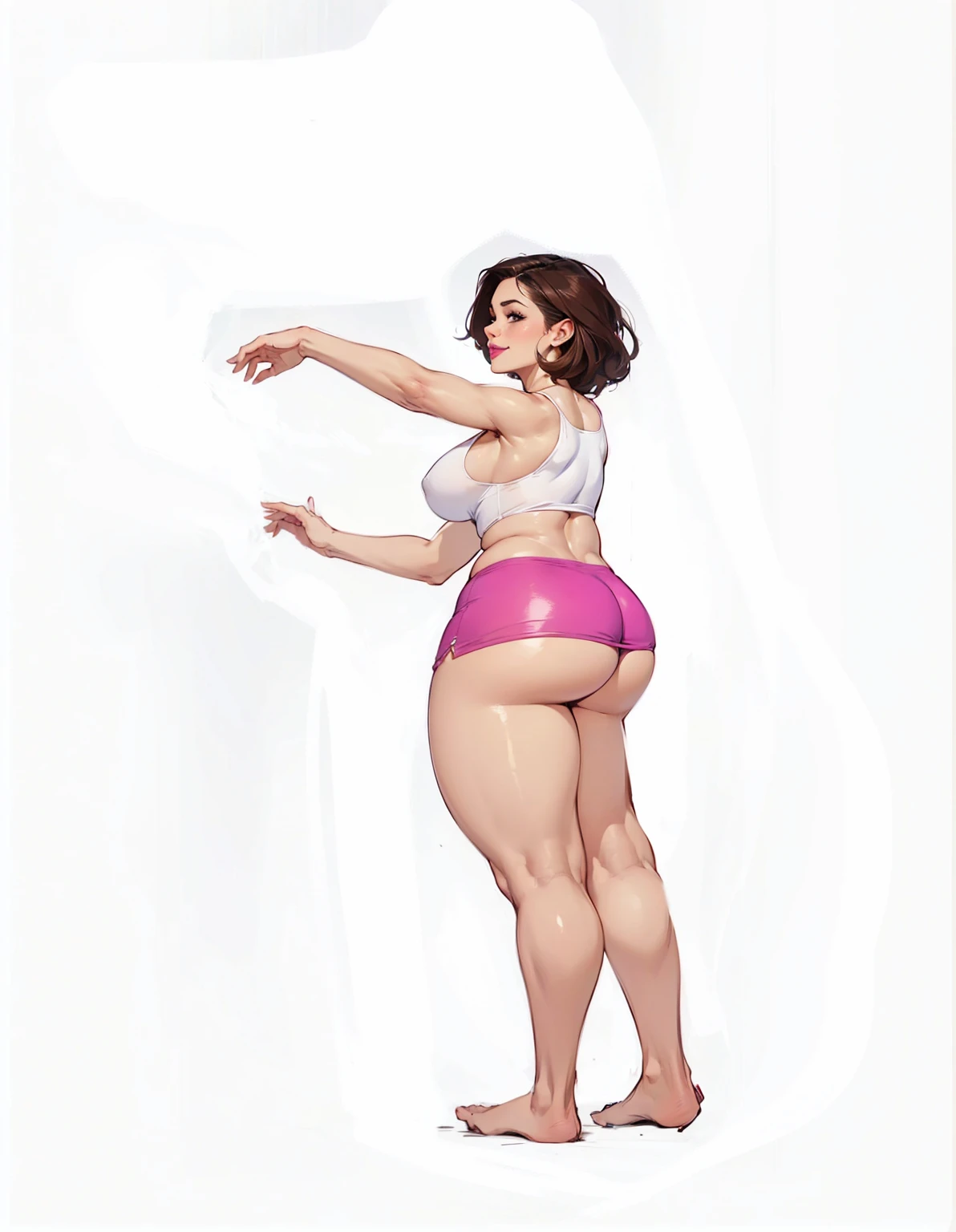 a beautiful woman artwork ultra detailed artwork, woman 32 years old beautiful face whim,very well lit perfect skin beautiful mouth lipstick mischievous smile,  face,ultra detailed dark brown hair.Natural brightness,very hot perfect body ,muito gostosa breastsout  breastsout grandes ,breastsout,a ,She wears very tight lycra shorts, drawing curves(  )White tank top ( she is standing sideways )