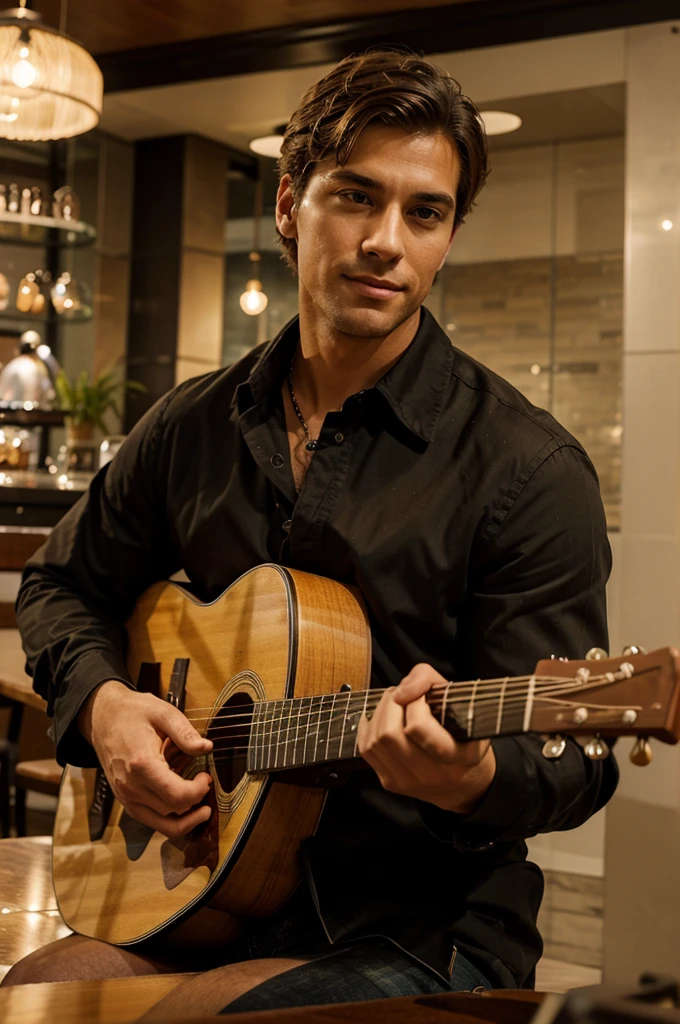 A handsome man is playing the guitar in a cafe in the background of a luxury cafe room