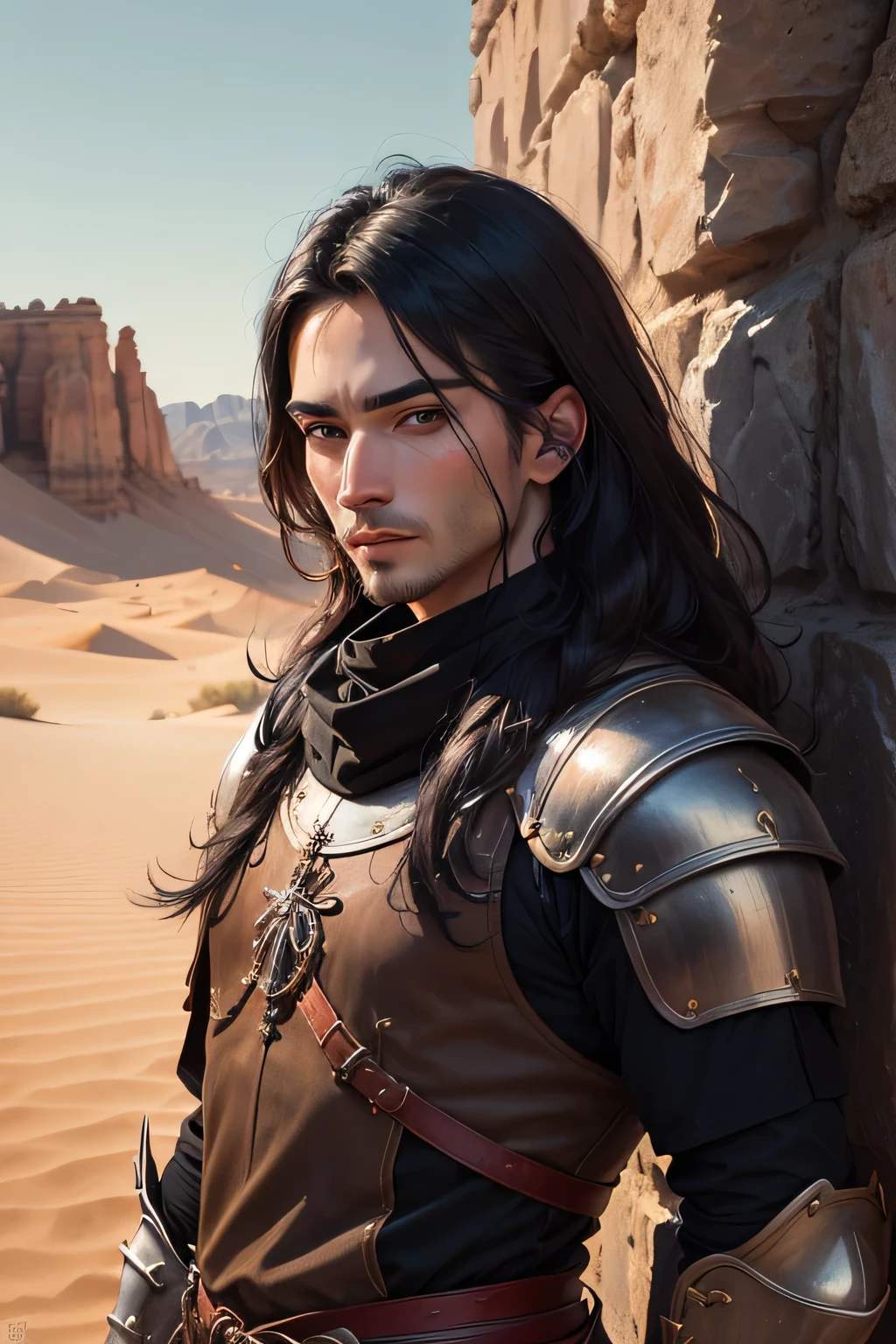 ((best quality)), ((masterpiece)), (detailed), Prize-winning works, with incredible details, maximum textures and details, mantea ,1 An adventurous warrior man in dark black light armor,(30 year old murderer:1.1,detailedeyes, face detailed, whole body:1.1,the background is a desert ),(best qualityer:1.2,ultra detali:1.1,realisitic:1.37),stone medieval ancient city ,eyeshadows,hidden identity,sharp focus,swirly vibrant colors,moonlights), (twilight), (natta), 8K