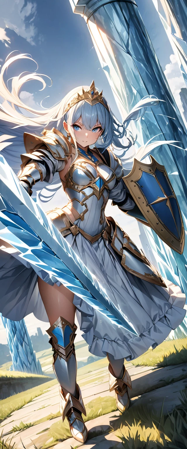 (Perfect Anatomy)、Mastepiece、Ultra High Quality、 8K、masterpiece、Highest quality、Ultra-high resolution、Maximum resolution、Very detailed、Professional Lighting、anime、woman、thin、so beautiful、Highly detailed eye、Highly detailed face、Armored Dress, Blue and white armor, , Golden decorated luxury tiara,Golden earrings,Frilly Armor,Light blue hair, blue eyes,White underwear、grassland, full body, dynamic angle, dynamic pose, Heroic pose, pillars of ice, (((long sword))), (((shield))), Powerful pose, Defending with water magic, Making eyes glow