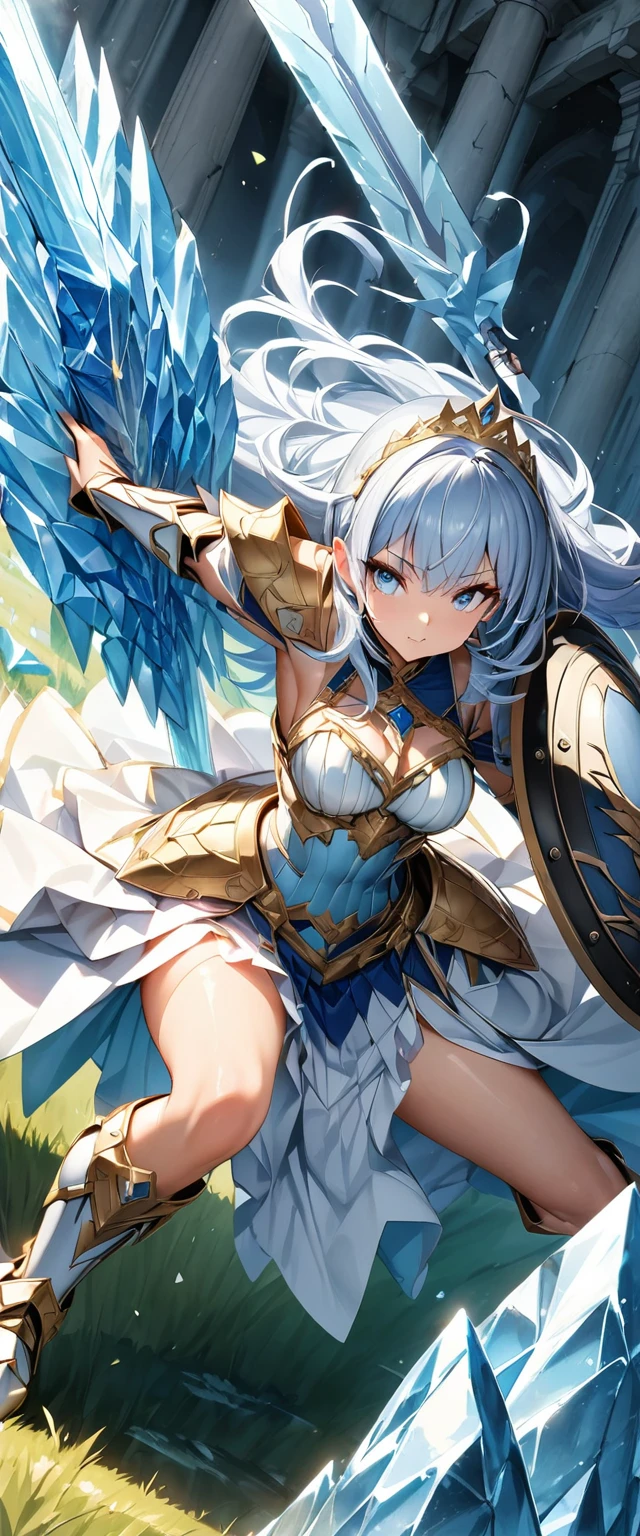 (Perfect Anatomy)、Mastepiece、Ultra High Quality、 8K、masterpiece、Highest quality、Ultra-high resolution、Maximum resolution、Very detailed、Professional Lighting、anime、woman、thin、so beautiful、Highly detailed eye、Highly detailed face、Armored Dress, Blue and white armor, , Golden decorated luxury tiara，Golden earrings，Frilly Armor，Light blue hair, blue eyes，White underwear、grassland, full body, dynamic angle, dynamic pose, Heroic pose, pillars of ice, (((long sword))), (((shield))), Defending with water magic, Making eyes glow, flying attack, Swinging down a sword