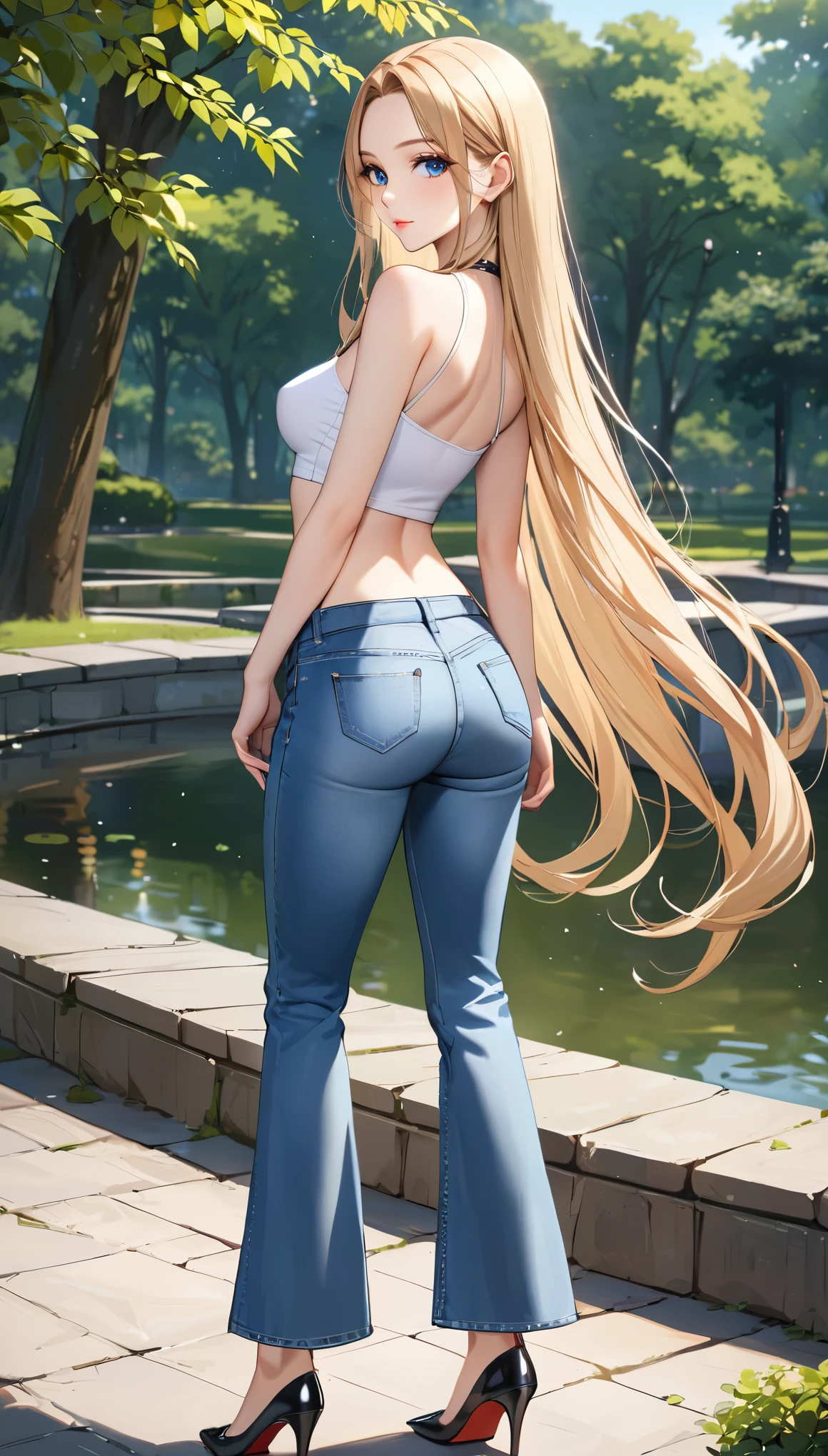 ((best quality, masterpiece:1.3, 8K)), (detailed), highly detailed face and skin texture, detailed eyes, from behind, (seductive pose:1.1), park, pond, full body, (slender body:1.1), 1girl, 25 years old, white skin, blue eyes, bright lips, seductive smile, blonde hair, straight hair, very long hair, (forehead:1.0), white croptop, medium breast, hard nipples, navel, jeans pants, (flares jeans:1.2), light blue jeans, black heels,