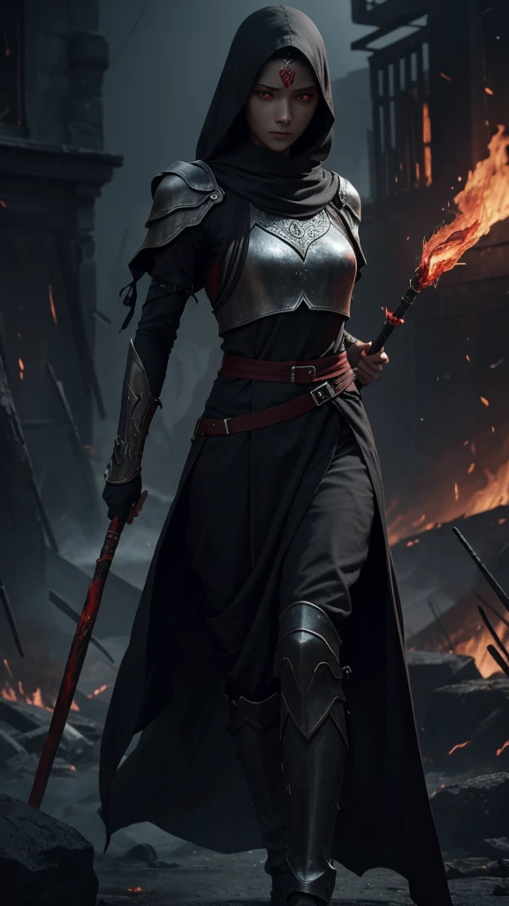 Entity, mide 180 cm, gray body, completely dark face, red eyes dressed in a tunic, has a staff, observe humanity, Dramatic background, is in hell, fire in the background, souls, best quality,4k,8k,A high resolution,masterpiece,ultra detailed,Realistic, Photorealistic,photo realistic