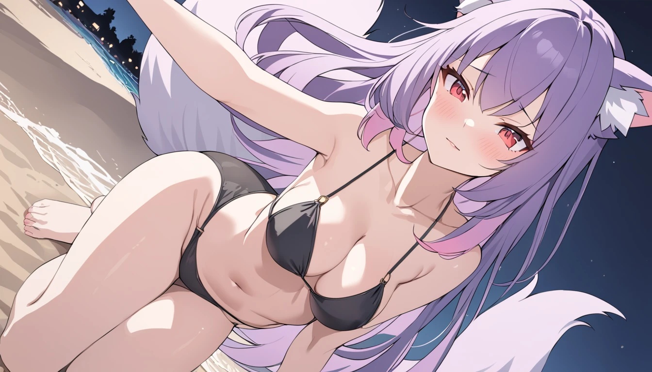 Beautiful girl foxgirl, medium large breasts,purple hair with pink highlights tips, masterpiece , red eyes, sexy, anime styled, 2D, mature, dynamic angle, long hair, sexy, fox tails, sexy pose, night time, beach, black bikini