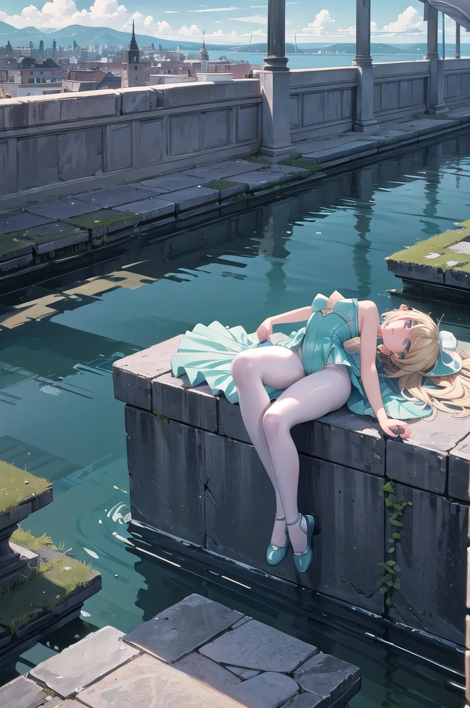 (((work of art))), (((best qualityer))), (((from sideways))), (((World upside down))), (((Cidade flutuante))), ((mint ballet shoes)), ((sitting on the stone parapet)), ((body com capuz)), ((paid lining)), (black pantyhose), hair blonde, spider logo, gradient light, horizont, High sky, colorful cloudy sky, standing alone, 1 girl, big fit ass , sweat, slender figure,