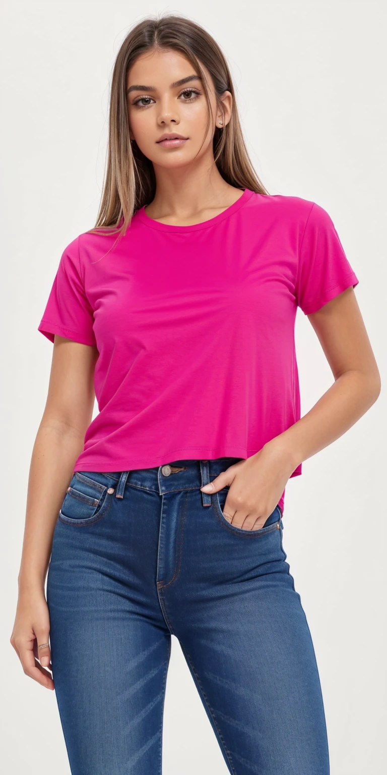 a woman wearing a rosa top and jeans, corte superior, rosa shirt, corte superior, neon rosa, hot rosa, camisa magenta, rosa, camiseta, camiseta, camiseta, with ripped crop camiseta, rosa clothes, rosa vibe, dayglo rosa, FÚCSIA, vibrant rosa, magenta, Roupa casual, rosa girl, ano 2 mil”