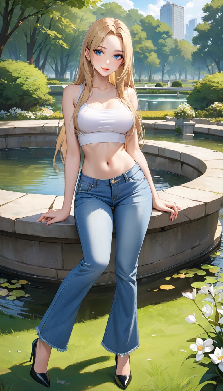 ((best quality, masterpiece:1.3, 8K)), (detailed), highly detailed face and skin texture, detailed eyes, sitting, (seductive pose:1.1), park, pond, full body, (slender body:1.1), 1girl, 25 years old, white skin, blue eyes, bright lips, seductive smile, blonde hair, straight hair, very long hair, (forehead:1.0), white croptop, medium breast, hard nipples, navel, jeans pants, (flares jeans:1.2), light blue jeans, black heels,