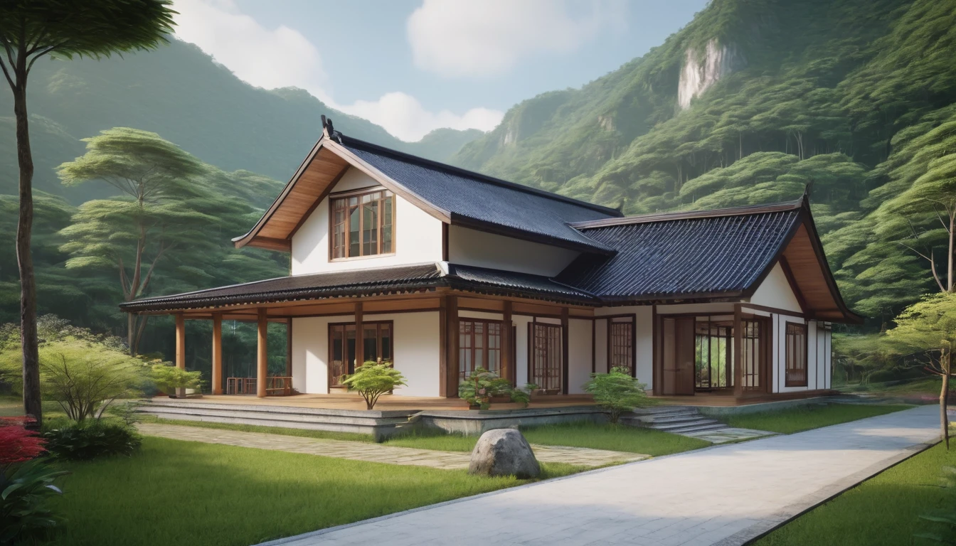 farmhouse_exterior, realistic photo of a small 1 floor L house in Viet Nam with a lot of flowers in the yard, luxurious wooden white wall cottage, beautiful modern Japan house on a forest path, the small cabin modern house in the forest, white wall house, integrated in the mountains, cottagecore!!, ((8k)), soothing and cozy landscape, peaceful wooden mansion, ((UHD)), 8k, high quality detail