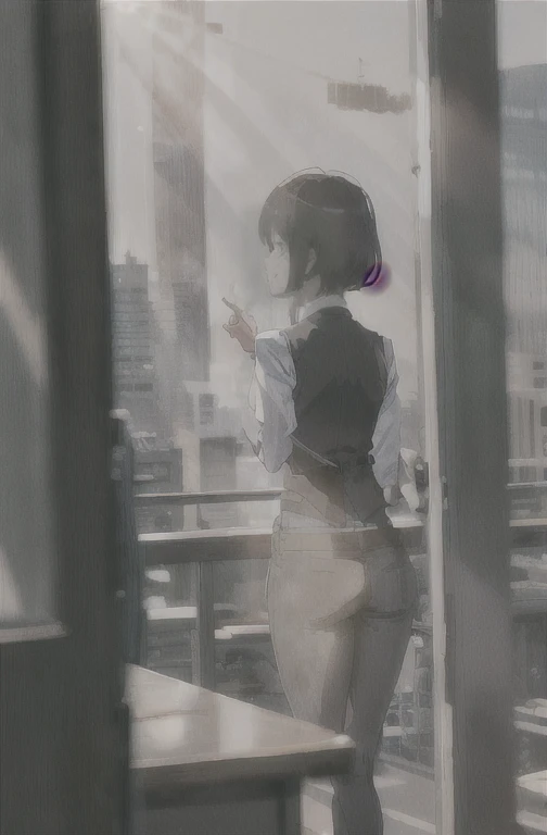 1 girl, mature female, vest, 弓, best qualityer, hires, face detailed, DESK, window buildings, detailed back ground, diffused sunlight, Depth of field, bokeh