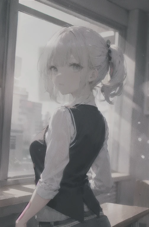 1 girl, mature female, vest, 弓, best qualityer, hires, face detailed, DESK, window buildings, detailed back ground, diffused sunlight, Depth of field, bokeh