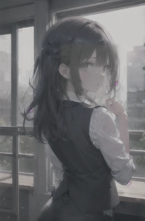 1 girl, mature female, vest, 弓, best qualityer, hires, face detailed, DESK, window buildings, detailed back ground, diffused sunlight, Depth of field, bokeh