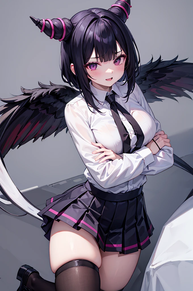 Juri Han, artwork, tight white secretary shirt with black tie, black high-waist skirt, skirt short,sock, Bblack hair, blackstockings,evil smile,,bangs on the eyes,lighting,horn of hair,from above view,staring overhead,crossed arms
