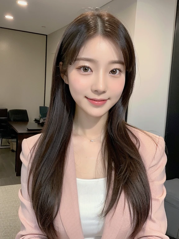 (highest quality, Very detailed, Realistic:1.37, full body photo), Professional, Fine and beautiful eyes, Beautiful lip detail, Detailed facial features, Natural skin color, Perfect skin texture, Delicate expression, High-resolution images, Realistic face, Realistic skin, Real Face, happy smile, Very detailedな髪, (Yuki), 20-year-old, (Calm Japanese female entrepreneur), Rose、Her slim figure and flowing hair. The high-resolution image captures Very detailed realism, business attire, pink blazer.