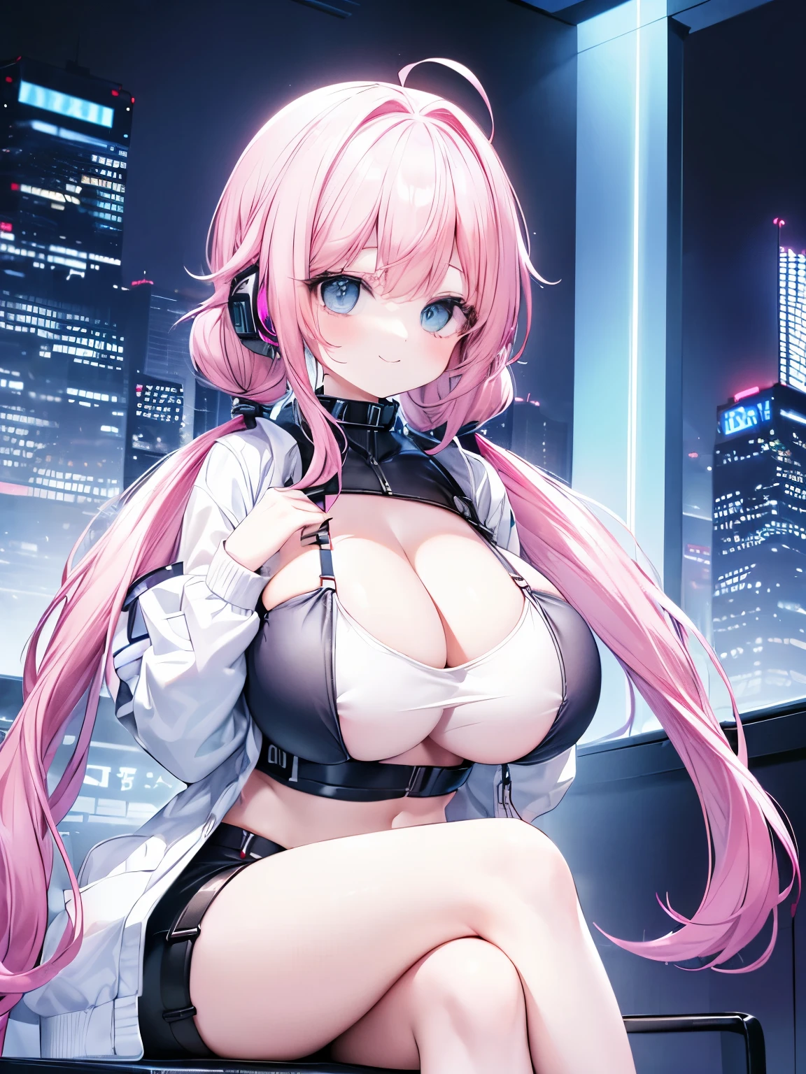 Best Quality,Beautiful Eyes,Very cute face,(Solo Girl),(gigantic breasts:1.6),(Pink hair),(low twintails:1.6),Light blue eyes,Very happy smile,BREAK,(Cyberpunk Fashion,White crop top,Chest Harness,White long coat,White rubber hot pants,Cybernetic Headset),Cyberpunk cityscape,skyscraper,Glittering neon lights,night,Cowboy Shot,(Put your hands in your pockets,Sitting with legs crossed,Dynamic Pose,Dynamic Angle,Angle from below:1.3)