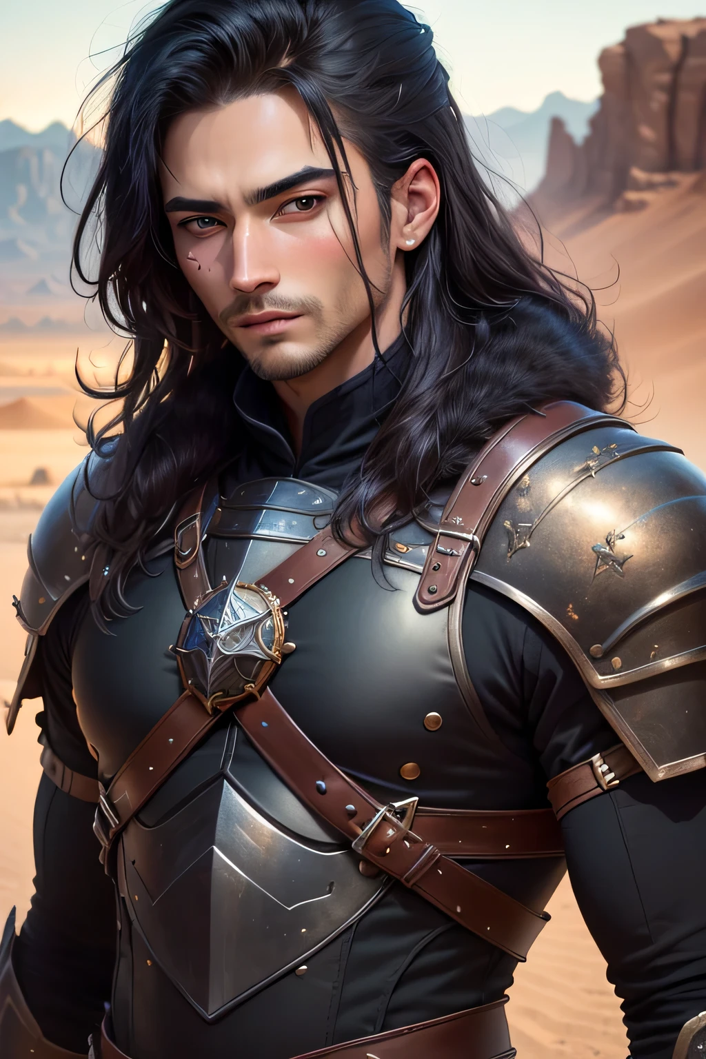 ((best quality)), ((masterpiece)), (detailed), Prize-winning works, with incredible details, maximum textures and details, mantea ,1 An adventurous warrior man in dark black light armor,(30 year old er:1.1,detailedeyes, face detailed, whole body:1.1,the background is a desert ),(best qualityer:1.2,ultra detali:1.1,realisitic:1.37),stone medieval ancient city ,eyeshadows,hidden identity,sharp focus,swirly vibrant colors,moonlights), (twilight), (natta), 8K