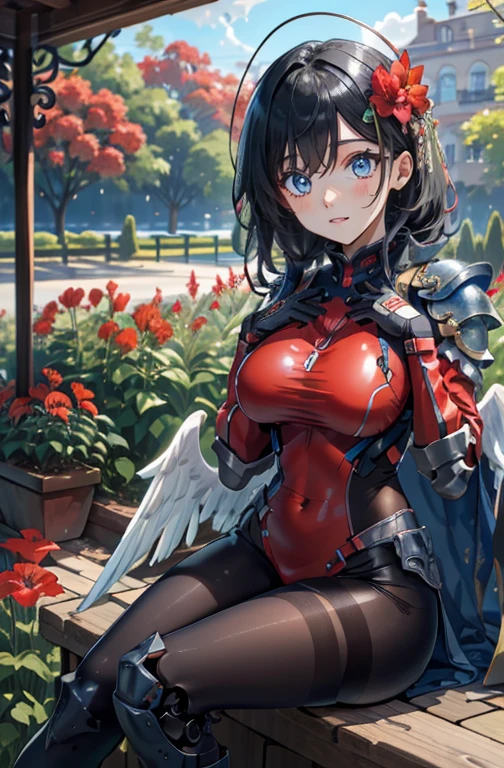 (Masterpiece artwork, best qualityer), details Intricate, Valkyrie, kawaii, (((cheerful grin))), Open your mouth and laugh, hands up, gazing at viewer, Feather helmet, natta, (((Red flower garden))), sitting down, 18 year old ,
1 girl in, standing alone, realisitic, ultra detali, (shining skin:1.4), absurdrez, 苗条, dynamic lighting, high resolution, sharp focus, depth of fields, detailedeyes, sharp pupils, realisitic pupils, (breasts big:1.6), (thick-thighs:1.0),
portraite, swept bangs, Bblack hair, droopy eyes, Crimson thighs, Deep Red Detached Single Sleeve, robot joints, Deep Red Gloves, Deep Red Bodysuit, Deep Red Reinforced Suit, Closed feather wings, pantyhose, Deep Red Full Armor, flower decoration,