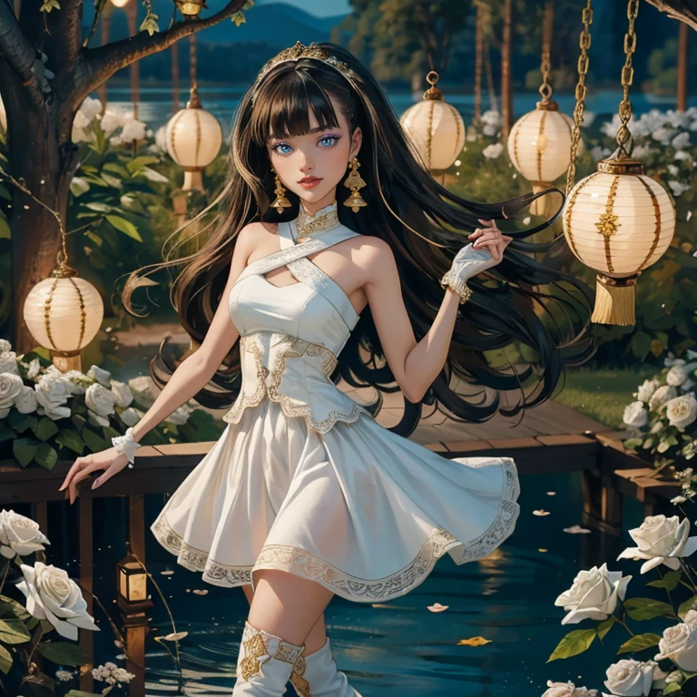 ((high quality)), ((Work of art)), (more detail), 1girl, centered, a girl with a blue skinny, award winning upper body portrait, cowboy shot, solo, black and white hair, long hair, wave hair, chinese hairpin, white shirt, white skirt, blue knee boots, smiling, gothic style, garden with lake scenery, gold lanterns, white roses, full moon,  depth of field, cinematic composition, seat close to a lake, white roses, smile, gothic dress, white dress, white dress with transparency, blue laces, white gloves, white high socks, blue high hills boots, gold jewelry, jewelry, lake, white roses on focus, Frankie Stein_(monster high), Monster High, looking at the viewer, more details on the clothes, petals in the air, two arms, two legs, two hands, five fingers