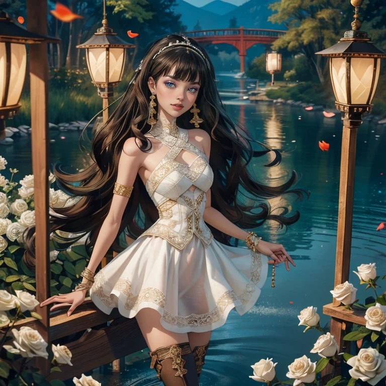 ((high quality)), ((Work of art)), (more detail), 1girl, centered, a girl with a blue skinny, award winning upper body portrait, cowboy shot, solo, black and white hair, long hair, wave hair, chinese hairpin, white shirt, white skirt, blue knee boots, smiling, gothic style, garden with lake scenery, gold lanterns, white roses, full moon,  depth of field, cinematic composition, seat close to a lake, white roses, smile, gothic dress, white dress, white dress with transparency, blue laces, white gloves, white high socks, blue high hills boots, gold jewelry, jewelry, lake, white roses on focus, Frankie Stein_(monster high), Monster High, looking at the viewer, more details on the clothes, petals in the air, two arms, two legs, two hands, five fingers