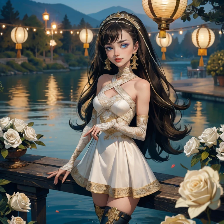 ((high quality)), ((Work of art)), (more detail), 1girl, centered, a girl with a blue skinny, award winning upper body portrait, cowboy shot, solo, black and white hair, long hair, wave hair, chinese hairpin, white shirt, white skirt, blue knee boots, smiling, gothic style, garden with lake scenery, gold lanterns, white roses, full moon,  depth of field, cinematic composition, seat close to a lake, white roses, smile, gothic dress, white dress, white dress with transparency, blue laces, white gloves, white high socks, blue high hills boots, gold jewelry, jewelry, lake, white roses on focus, Frankie Stein_(monster high), Monster High, looking at the viewer, more details on the clothes, petals in the air, two arms, two legs, two hands, five fingers