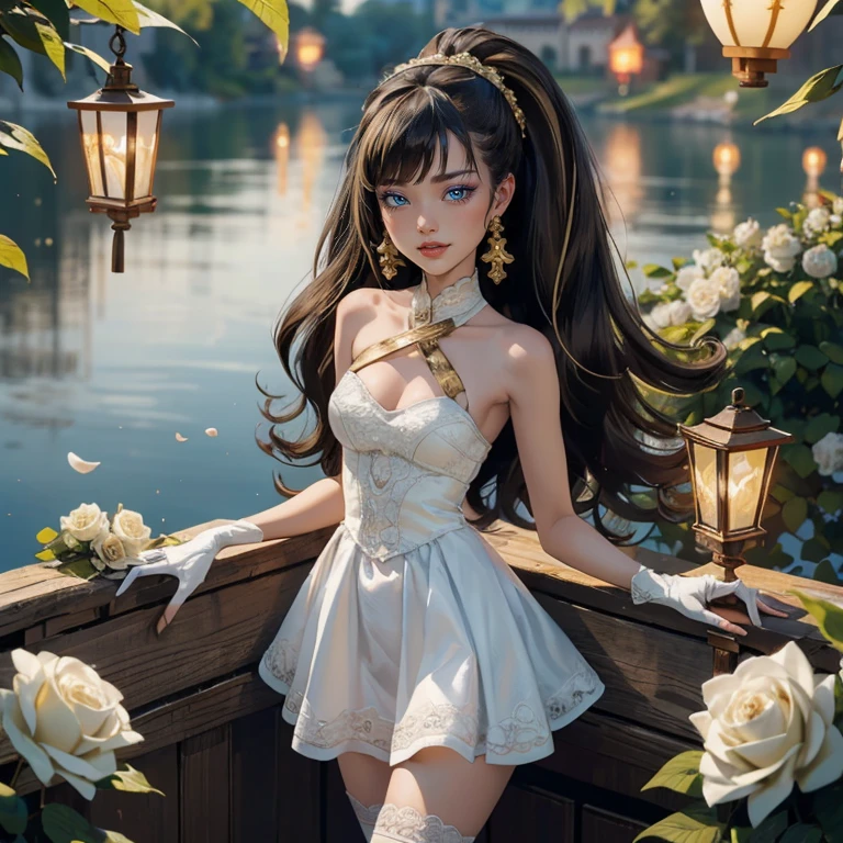 ((high quality)), ((Work of art)), (more detail), 1girl, centered, a girl with a blue skinny, award winning upper body portrait, cowboy shot, solo, black and white hair, long hair, wave hair, chinese hairpin, white shirt, white skirt, blue knee boots, smiling, gothic style, garden with lake scenery, gold lanterns, white roses, full moon,  depth of field, cinematic composition, seat close to a lake, white roses, smile, gothic dress, white dress, white dress with transparency, blue laces, white gloves, white high socks, blue high hills boots, gold jewelry, jewelry, lake, white roses on focus, Frankie Stein_(monster high), Monster High, looking at the viewer, more details on the clothes, petals in the air, two arms, two legs, two hands, five fingers