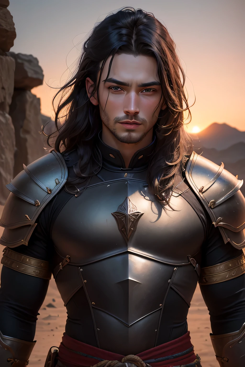 ((best quality)), ((masterpiece)), (detailed), Prize-winning works, with incredible details, maximum textures and details, mantea ,1 An adventurous warrior man in dark black light armor,(30 year old murderer:1.1,detailedeyes, face detailed, whole body:1.1,the background is a desert ),(best qualityer:1.2,ultra detali:1.1,realisitic:1.37),stone medieval ancient city ,eyeshadows,hidden identity,sharp focus,swirly vibrant colors,moonlights), (twilight), (natta), 8K