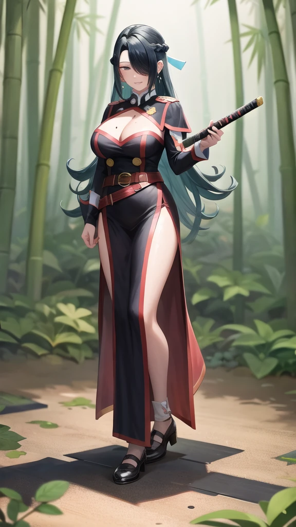 1girl, azumafubukilora, bamboo, bamboo_forest, bangs, black_hair, blue_eyes, blush, bra, braid, branch, breasts, cleavage, drawing_sword, earrings, hair_over_one_eye, jewelry, katana, large_breasts, leaf, long_hair, long_sleeves, looking_at_viewer, mole, mole_on_breast, mole_under_eye, palm_leaf, palm_tree, parted_lips, plant, potted_plant, rain, scabbard, sheath, sheathed, solo, full body, standing, idle, hand down