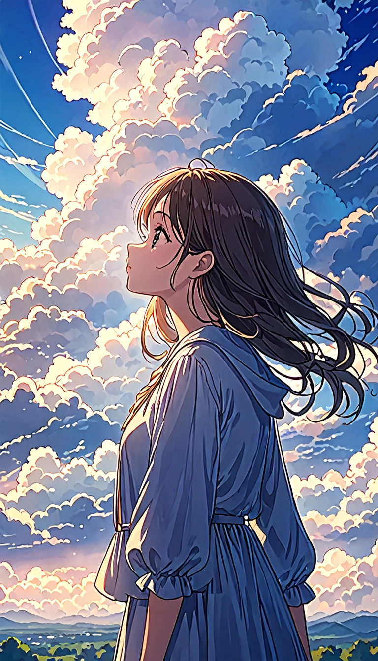 A beautiful girl looking at the sky filled with clouds