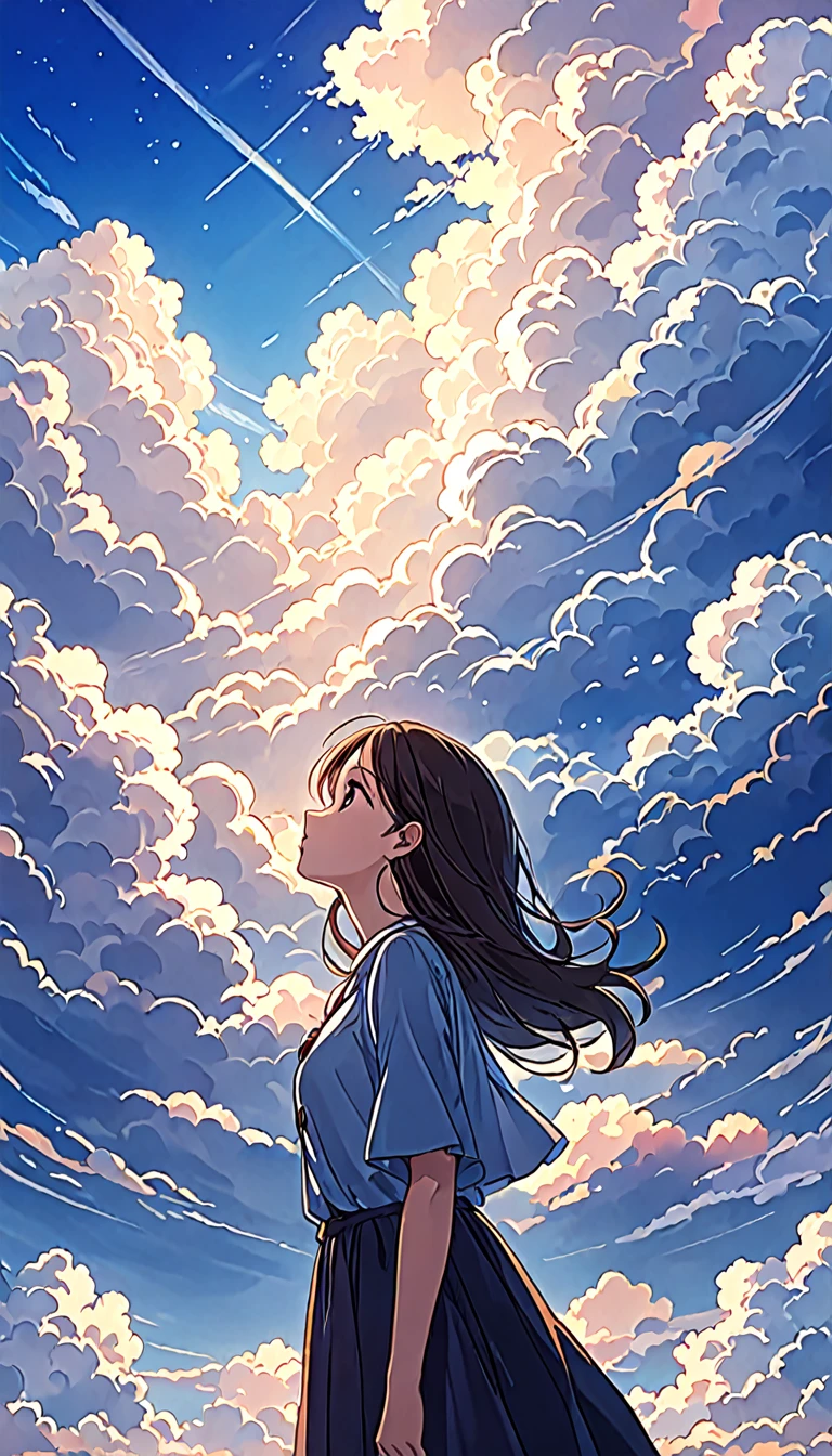 A beautiful girl looking at the sky filled with clouds