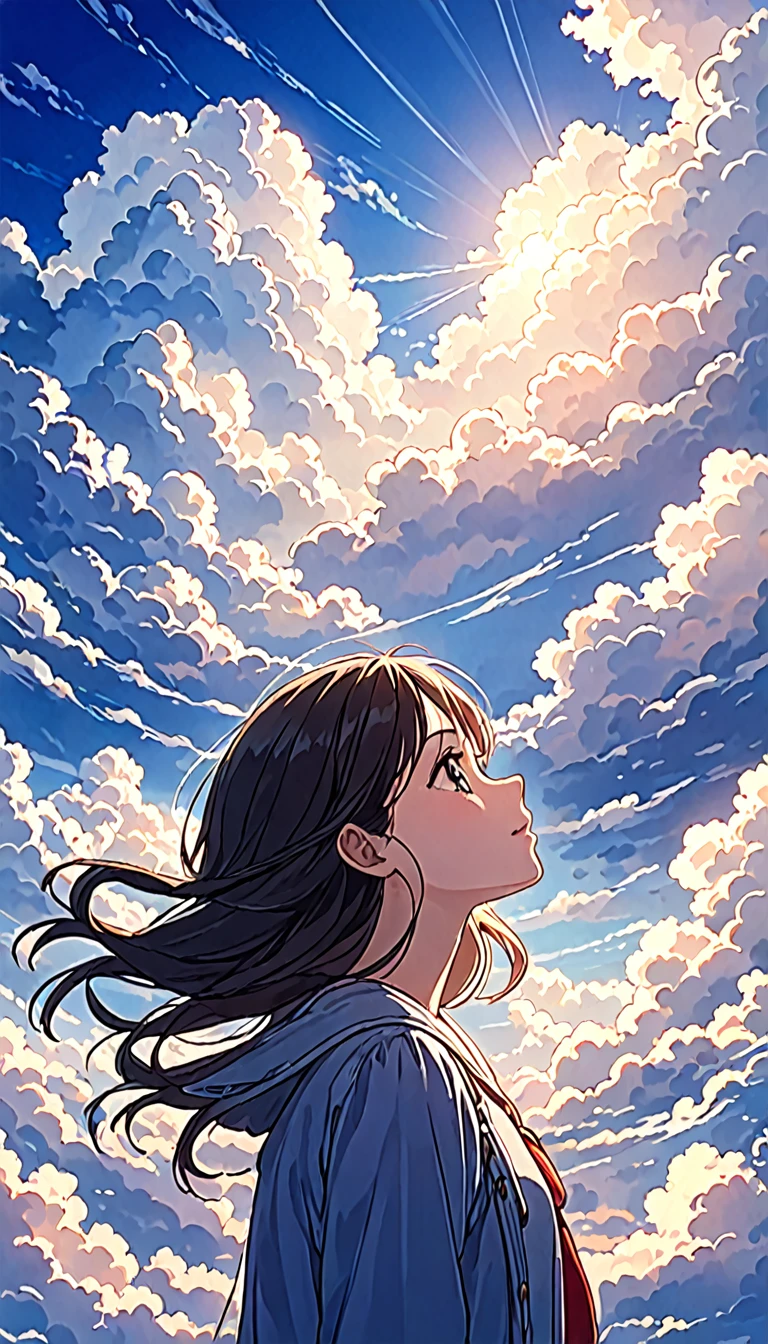 A beautiful girl looking at the sky filled with clouds