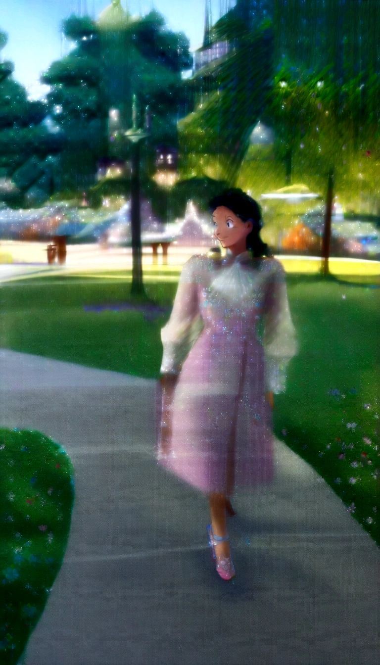 she's just a girl with blonde hair wearing a pink dress and high heels. She lives in a paradise. , a castle in the background,(best qualityer:1.3), (high resolution:1), (detailded:1.3), (incredible:1.3), (perfect:1.3), (perfection:1.3), (volume cover art:0), (illustration:1.3), ghibli studio art