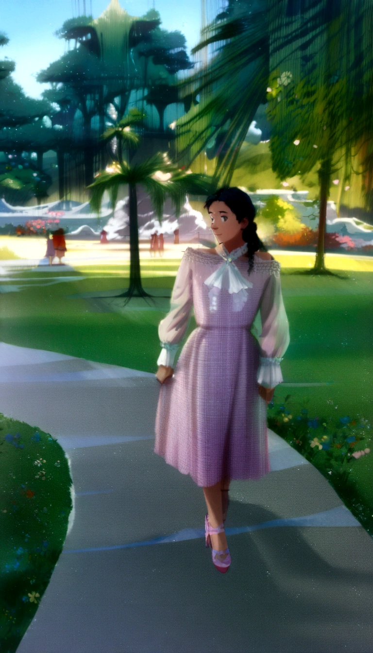 she&#39;s just a girl with blonde hair wearing a pink dress and high heels. She lives in a paradise. , a castle in the background,(best qualityer:1.3), (high resolution:1), (detailded:1.3), (incredible:1.3), (perfect:1.3), (perfection:1.3), (volume cover art:0), (illustration:1.3), ghibli studio art