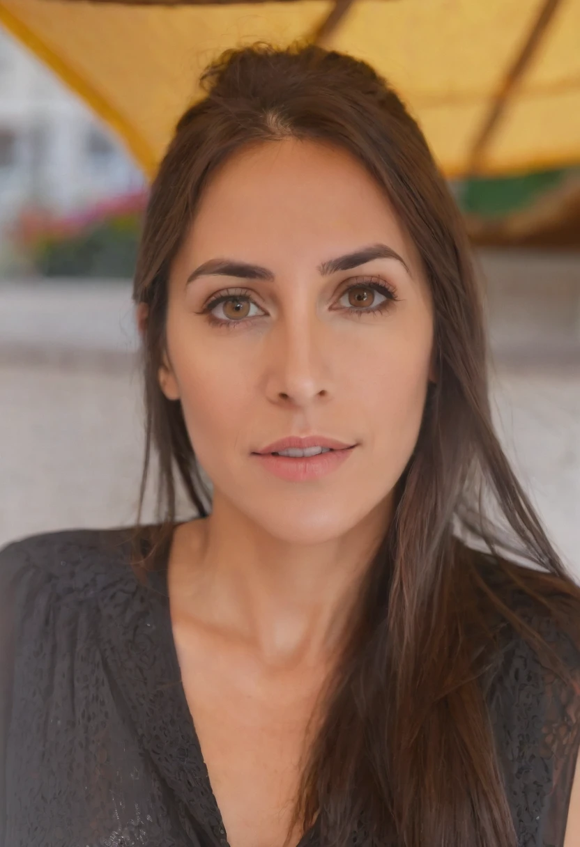 photo of estefanya, 34 year old woman, long brown hair, brown eyes black blouse looking at camera.