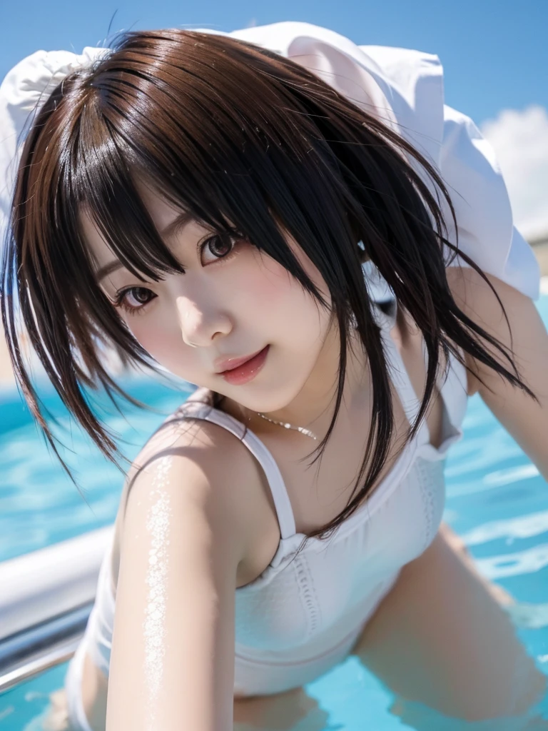 (Highest quality、4K、8K, masterpiece:1.3), Ultra detailed face, Detailed lips, Detailed eyes, double eyelid,
BREAK,
(Looking down:1.5), (close up:1.25), (Seductive pose:1.5),
BREAK,
1girl, 18 years old, smile,
BREAK,
bbkurumi, long hair, low twintails, hair over one eye,
BREAK,
white Japanese one-piece swimsuit, in the pool,