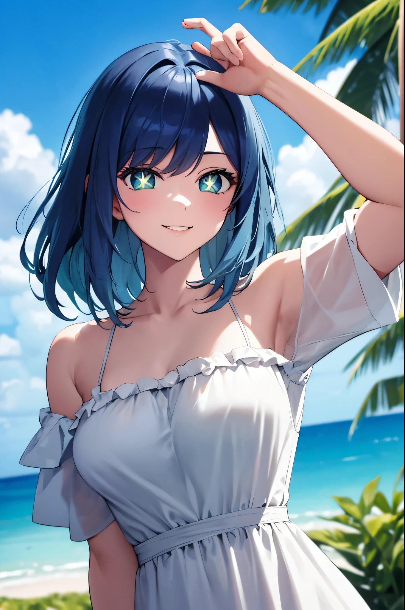 (masterpiece:1.3), (best quality:1.1), (8k, ultra detailed, ultra high res:1.2), ((anime style)), perfect 5 fingers, perfect anatomy, 
1girl, akane kurokawa, 
BREAK medium hair, 
blue hair, 
green eyes, star-shaped pupils,
(medium breasts:0.8), smile, 
looking at viewer, sundress, white dress, 
upper body, 
perfect light, outdoors, outside, summer, sea, sky, 