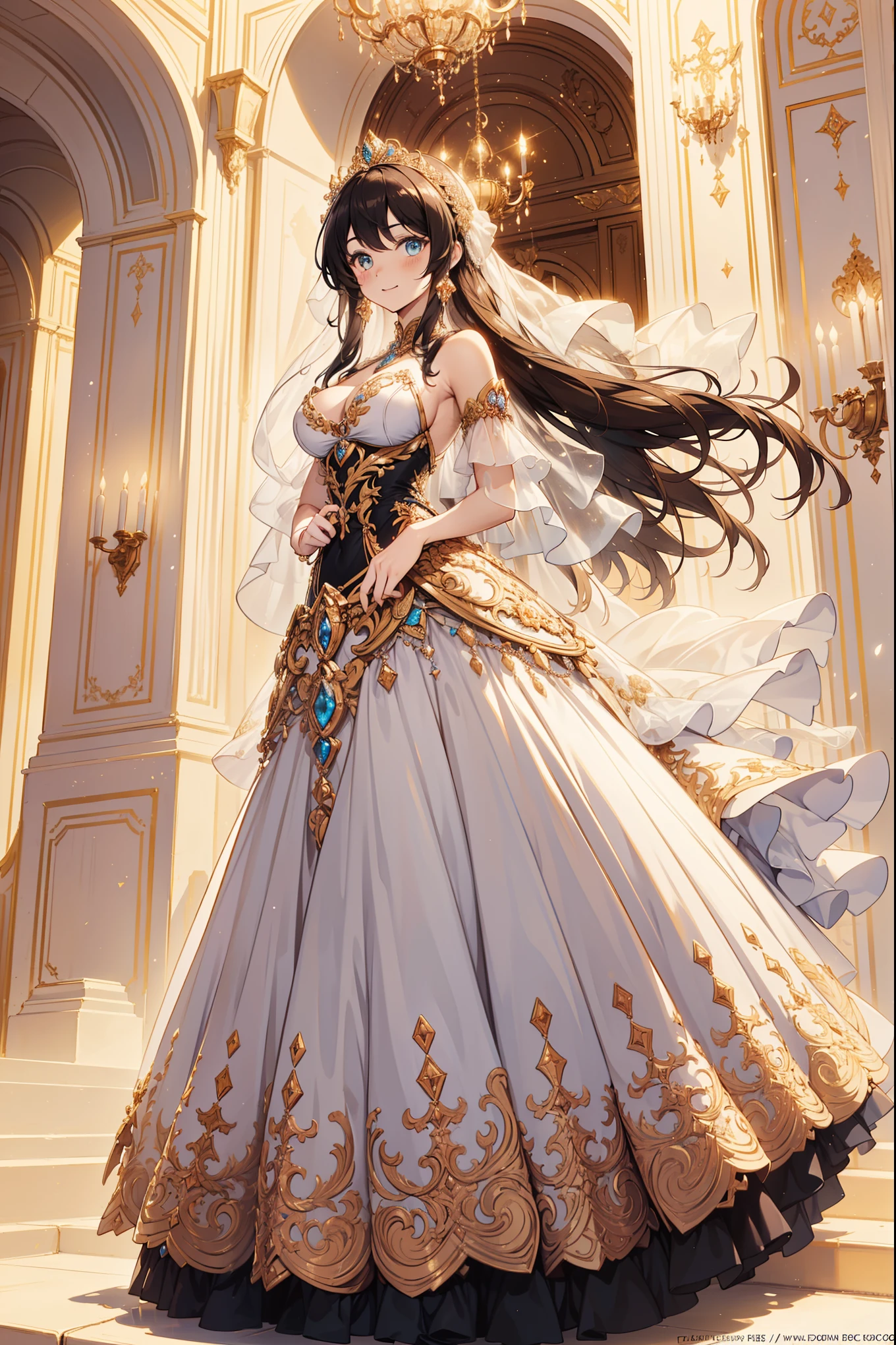 ((Anime art style)),(Masterpiece),(Best quality), (Super detail),((Very delicate and beautiful)),1 girl,((Full body portrait)),Stand at the Palace of Versailles,((Solo)),Digital art,(((1 girl in a gorgeous Rococo queen ball dress,Wear yours with a voluminous full-length hoop skirt))),crinoline,((Beautiful embroidery and jewelry)),Plump frills,See-through,(Gorgeous embroidery and beautiful lace),((Plenty of straight hair,Extremely fluffy hair,Very long straight hair)),((finely detailed face and eyes)),Extremely gorgeous hair accessories,(Bling gemstones extremely gorgeous crowns),(Gorgeous gemstone jewelry,Sparkling gold),Long veil,(Beautiful background),full bodyesbian,((Gorgeous Rococo queen ball dress,Wide, full-length hoop skirt)),((See though)),pet