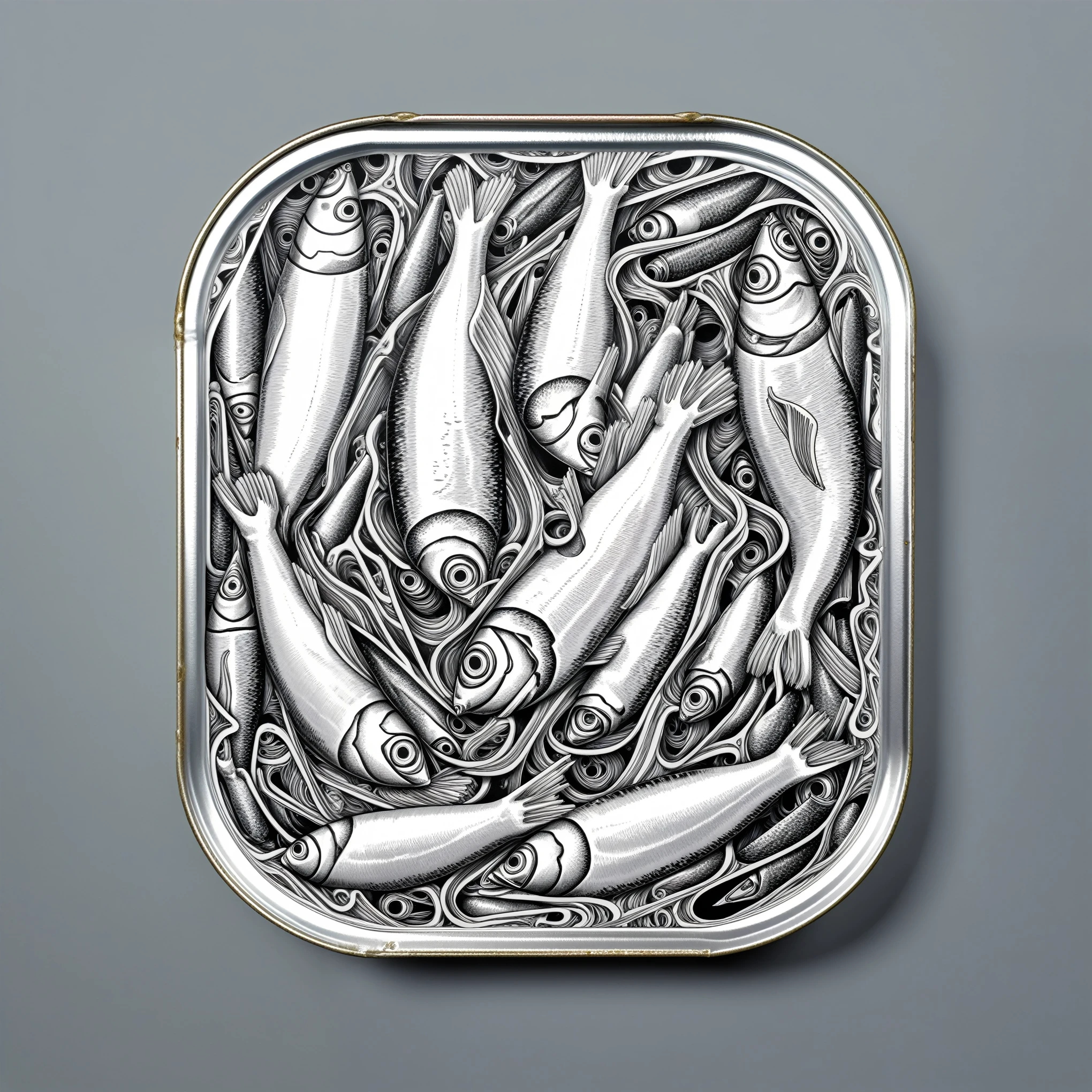 Tinned sardines in ring pull can, tattoo design, Japanese retro, doctor, lineart PStyl3, negative space, abstract, intricate, iridescent, 