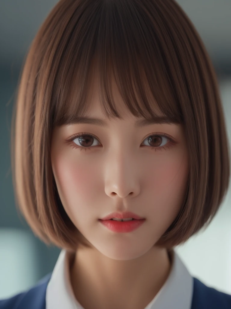 masterpiece、Face close-up、View from the front、Young and beautiful woman in Japan、(Jumping around energetically)、Gorgeous figure、Wearing a short-sleeved white collared shirt and a plain shiny red satin bow tie、Wearing a blue tartan skirt、Really cute face、Glossy Lips、Double eyelids on both eyes、Natural Makeup、 Long eyelashes、Shiny, smooth, light brown medium length hair,、Asymmetrical bangs、Sunburned skin、Alone in the classroom、、Head Frame、Center image、8K resolution、High detail、Detailed hairstyle、Detailed face、Great cinema lighting、Octane Rendering、Vibrant、Ultra-realistic、Perfect limbs、Perfect Anatomy、short hair、Esbian all over