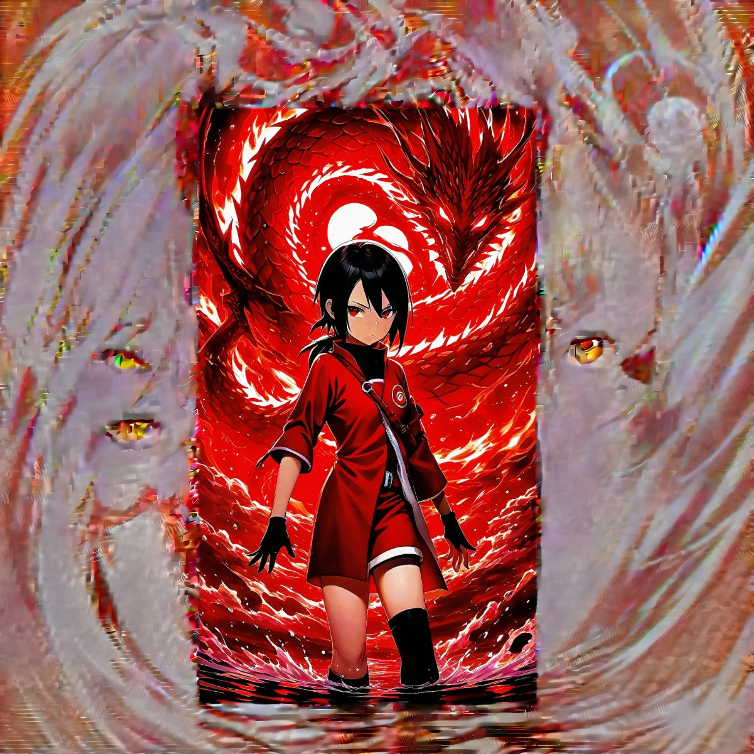 (Stunning Sarada Uchiha)), (Young, attractive, pale, (blue eyes)), (curvy body), wearing an ((au naturale ribbon that holds back part of her hair)), adorned with a ((pale complexion)), elaborate ((Water techniques)) that she has been studying, with her mangekyou sharingan activated, making her eyes glow red while forming intricate hand signs to conjure a sleek, (water dragon) that is (bending the water) with her mind, achieving a highly detailed, (photorealistic) result that showcases her (proficiency) and (natural beauty), (anime)